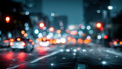 Blurry city street at night, with connected network overlay