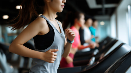 Fototapeta premium Women exercising on treadmill machines in fitness club, symbol of active lifestyle, health and gym training trreadmill women exercise, fitness club training photo, gym workout wome