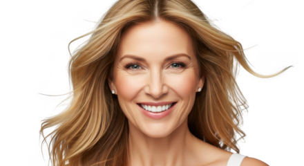 A mature, attractive woman with blonde hair smiles confidently, her eyes sparkling isolated on transparent background