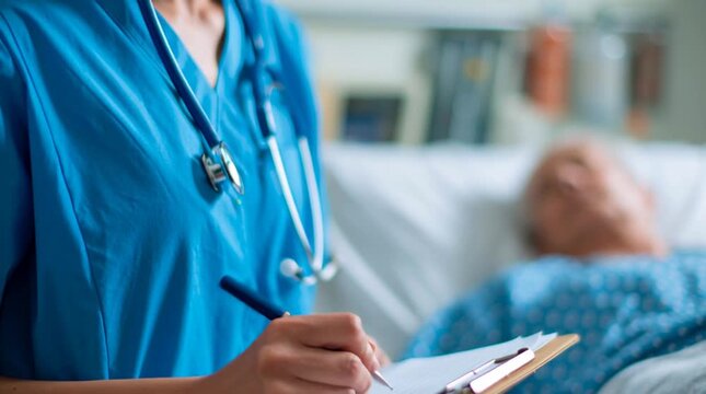 Healthcare Professional with Patient: A dedicated healthcare professional, nurse, meticulously documents patient information, demonstrating compassion and commitment within a clean.