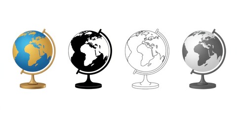 Four globe illustrations showing different styles and color schemes on a white background on transparent background