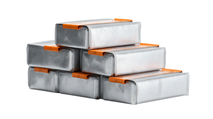 Stack of silver EV battery cells with orange tabs and brushed foil finish, isolated on transparent background.
