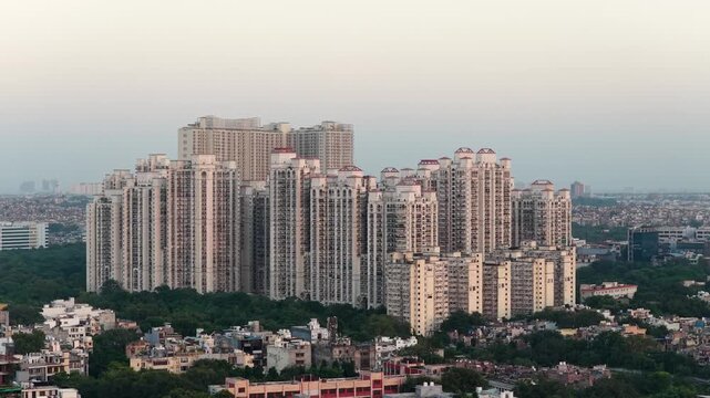 Cinematic drone view of residential apartments, Aerial View Dlf flats building 4k footage  