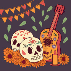 Illustration of a day of the dead celebration with sugar skulls, guitar, candle, and flowers, with a dark purple background and colorful bunting flags, perfect for posters, cards, and invitations
