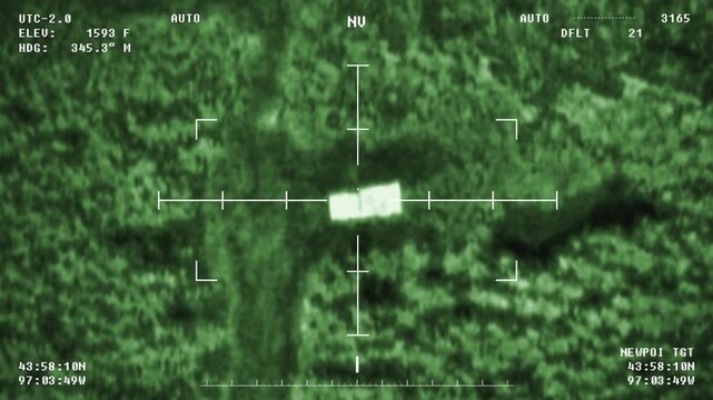 Scanning Territory And Taking Aim With Infrared Camera In Modern Military Interface. Infrared Camera To Detect Aim. Army Forces Use Infrared Camera To Shoot Enemy's Vehicle. Destroying Weapon.