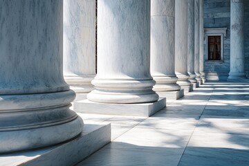 Rows of white marble columns in a sunlit colonnade