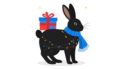 Black rabbit with a gift and holiday lights