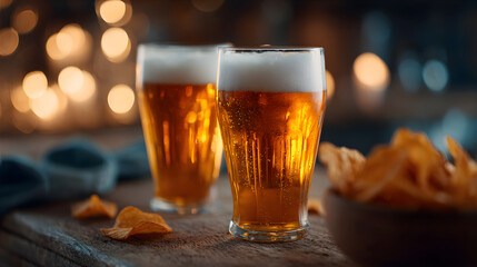 Two glasses of beer with potato chips on a wooden table. Refreshing drink for a pub or party.