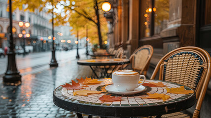 A cozy outdoor cafe in autumn, strewn with fallen orange and yellow leaves.