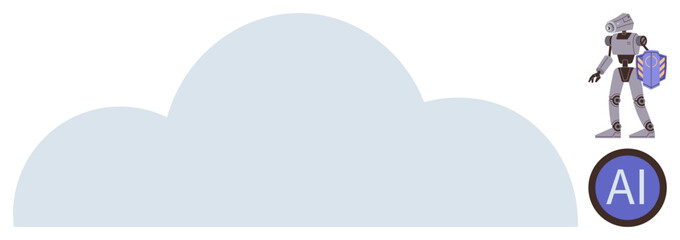 Robot interacting with cloud, highlighted AI badge, futuristic concepts. Ideal for technology, AI, cloud computing, automation, digital transformation innovation education. Simple flat metaphor