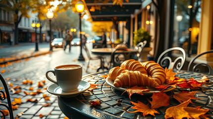 A cozy outdoor cafe in autumn, strewn with fallen orange and yellow leaves.