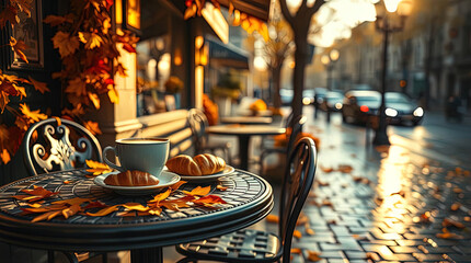 A cozy outdoor cafe in autumn, strewn with fallen orange and yellow leaves.