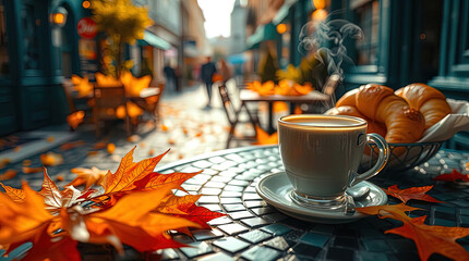 A cozy outdoor cafe in autumn, strewn with fallen orange and yellow leaves.