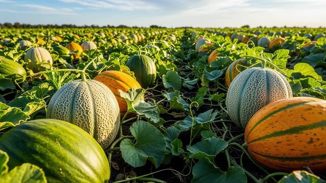 Closeup medium shot of a hybrid melon field showcasing rows of lush firmskinned melons ready for harvest under a sunny sky.