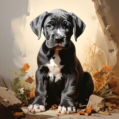 Black puppy, autumnal scene