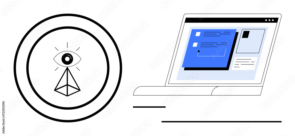 Poster eye within circular frame beside a laptop displaying content. ideal for themes thumbs up surveillanc