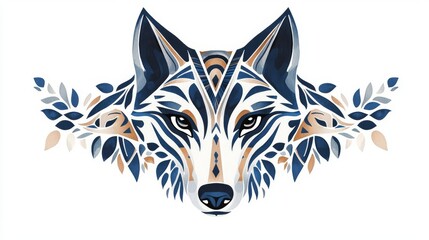 Fototapeta premium A beautifully illustrated wolf head adorned with leaves, showcasing nature's wild elegance.