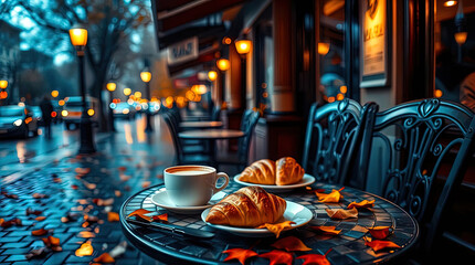 A cozy outdoor cafe in autumn, strewn with fallen orange and yellow leaves.
