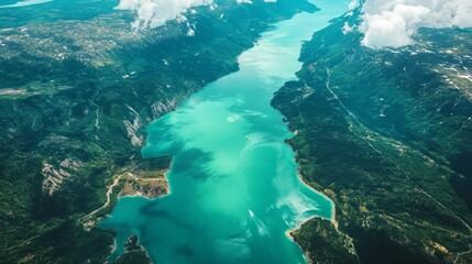 Aerial view of a stunning turquoise river winding through lush green forests and mountains, showcasing the beauty of nature and the tranquility of the landscape
