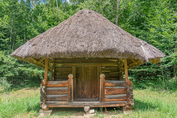 Old log cabin in an ancient Central European village, situated among trees with green foliage Straw-covered conical roof and vertical log walls No people or text visible Daytime, overcast or shade