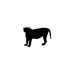 A bold, solid black silhouette of a tiger, presented in a profile view, suitable for logo design, educational materials, or representing wildlife conservation.