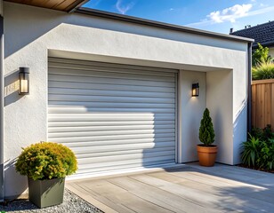 Modern garage with light gray roll-up door