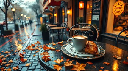 A cozy outdoor cafe in autumn, strewn with fallen orange and yellow leaves.