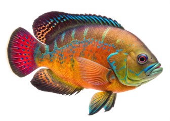 Vibrant Oscar Fish with Red and Blue Spots on Transparent Background Astronotus ocellatus freshwater fish isolated on a transparent background