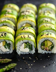 Fresh avocado sushi rolls on dark slate