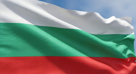 Bulgarian flag waving in the wind, a symbol of national pride and identity, representing the countrys rich history and culture, with its white, green, and red colors against a bright blue sky