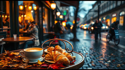 A cozy outdoor cafe in autumn, strewn with fallen orange and yellow leaves.