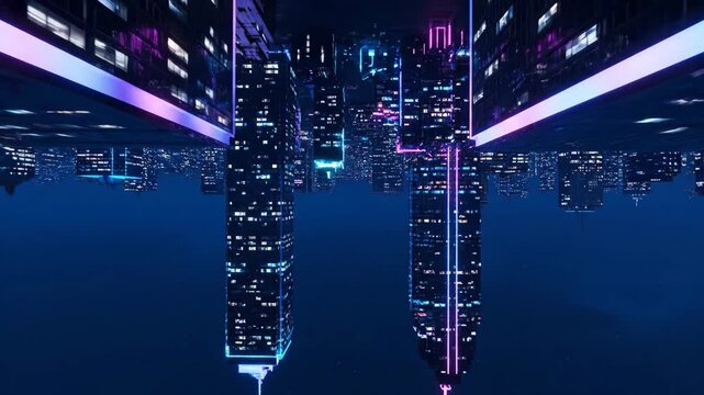 Futuristic upside down cityscape at night with neon lights and reflections