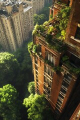 Urban building covered in greenery, showcasing nature reclaiming space, with sunlight filtering through trees, highlighting the contrast between architecture and lush vegetation