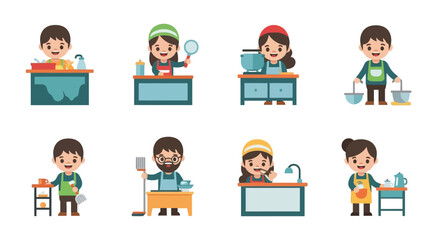 A vector illustration set of cartoon children and students, a group of kids, boys, and a woman, all smiling and having fun with a laptop for school and business