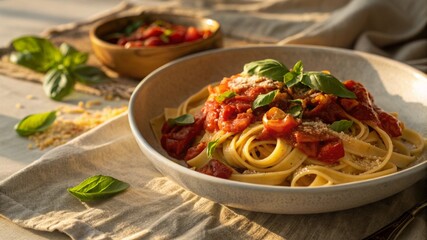 spaghetti with tomato sauce and basil