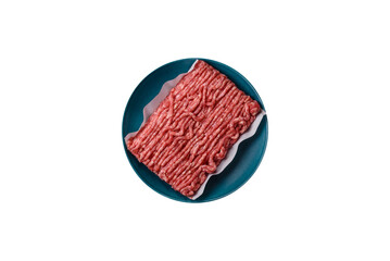 Raw ground beef or pork, prepared meat for burgers or other food preparation. Raw ground beef