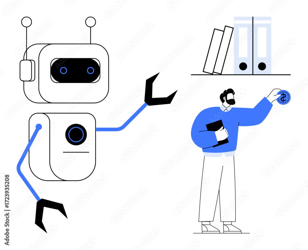 Poster robot extending an arm toward a person placing a coin symbol, shelves with files and books. ideal fo