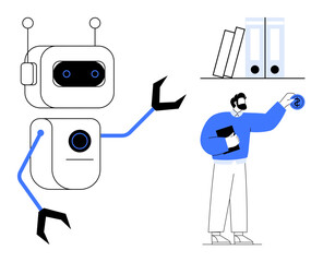 Robot extending an arm toward a person placing a coin symbol, shelves with files and books. Ideal for finance, AI, automation, innovation, teamwork, future concepts, simple flat metaphor