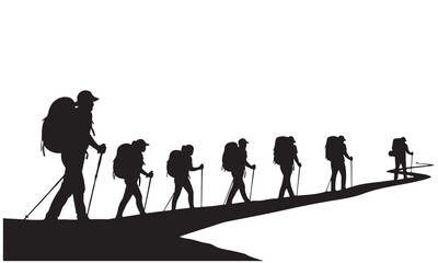 Group of Silhouetted Hikers Walking Uphill on an Outdoor Trail
