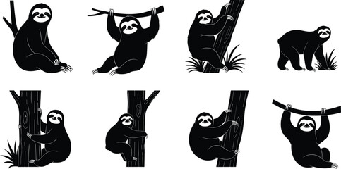 Naklejka premium sloth, wildlife, animal, mammal, silhouette, icon, vector, illustration, black, white, nature, climbing, hanging, walking, resting, posture, anatomy, exotic, rainforest, study, design