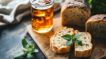 Freshly baked bread slices arranged on a wooden board, accompanied by a glass of iced tea and garnished with mint leaves, creating a cozy culinary atmosphere