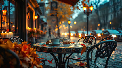 A cozy outdoor cafe in autumn, strewn with fallen orange and yellow leaves.