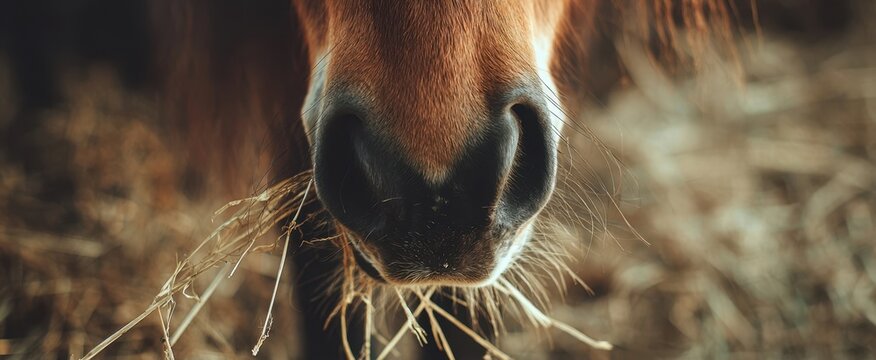 The horse muzzle chewing dry hay in a rustic barn close-up photograph