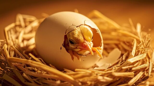 Newly hatched chick emerging from egg in straw nest with warm lighting