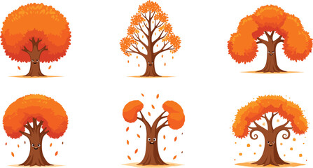 Cute cartoon autumn trees with falling leaves smiling faces seasonal nature illustration vector design isolated on white background for decoration.