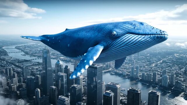 Majestic blue whale soaring above cityscape capturing surreal urban fantasy