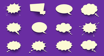 Collection of Comic Speech Bubbles on Purple Background.