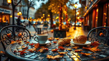 A cozy outdoor cafe in autumn, strewn with fallen orange and yellow leaves.