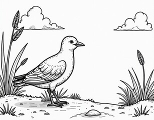 Cute Bird in Nature Line Art Coloring Page
