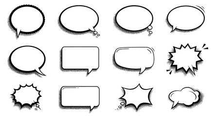 Fototapeta premium Collection of Comic Style Speech Bubbles with Halftone Shadows in Black and White.